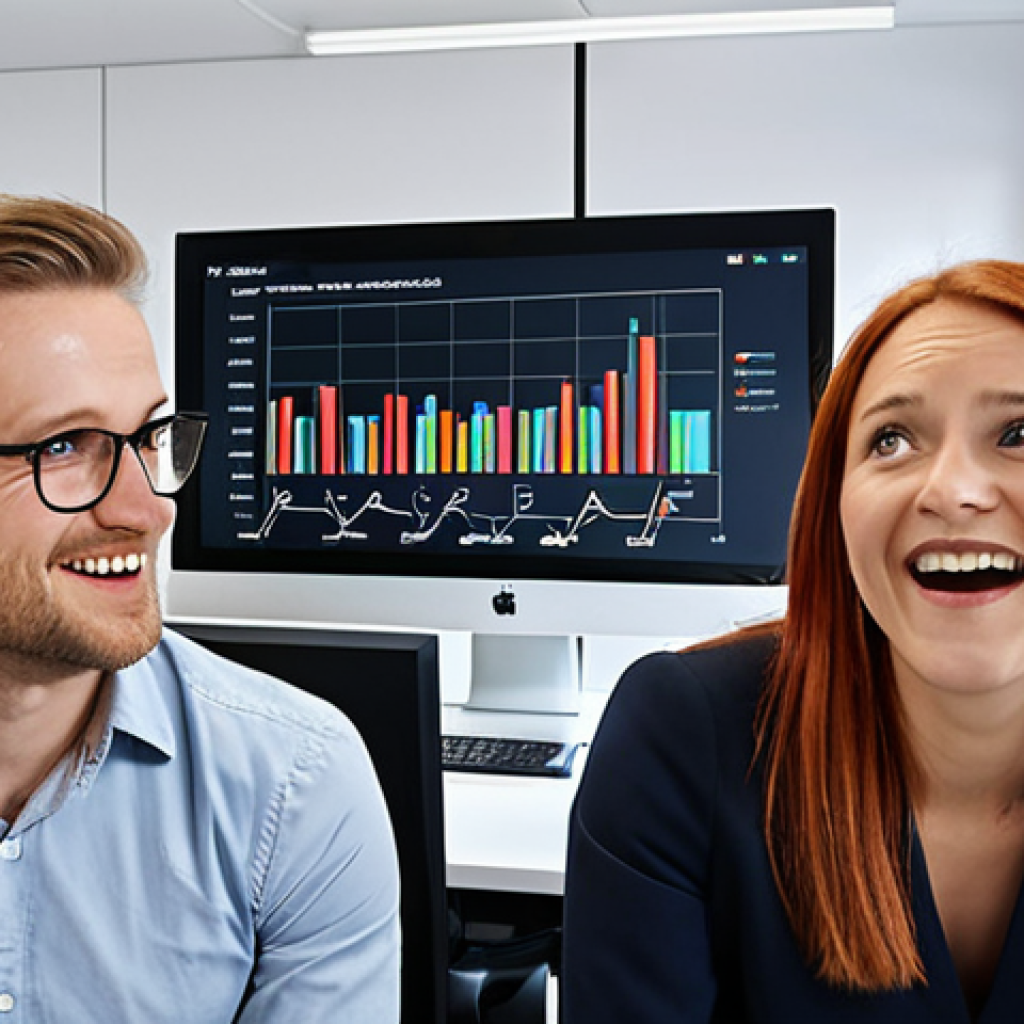 **Prompt:** A modern office setting in Berlin, Germany. Data visualizations displayed on large screens show marketing campaign optimization driven by AI. Focus on the surprised but pleased faces of the marketing team as they observe the positive results. Include charts with German labels.