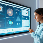 A professional female character designer, mid-30s, dressed in a modest, smart-casual outfit, actively interacting with a large, translucent holographic display in a brightly lit, futuristic design studio. The display shows evolving character concepts generated by AI, reflecting a collaborative creative process. She is focused, making subtle gestures with her well-formed hands towards the interface. The environment is sleek, minimalist, with soft ambient light. Perfect anatomy, correct proportions, natural pose, proper finger count, natural body proportions, fully clothed, appropriate attire, safe for work, appropriate content, professional, high-resolution, detailed render, realistic lighting.