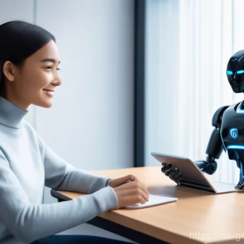 생성형 AI를 통한 고객 맞춤형 서비스 개발 - A professional and friendly AI chatbot, depicted as a semi-transparent, glowing humanoid figure with...