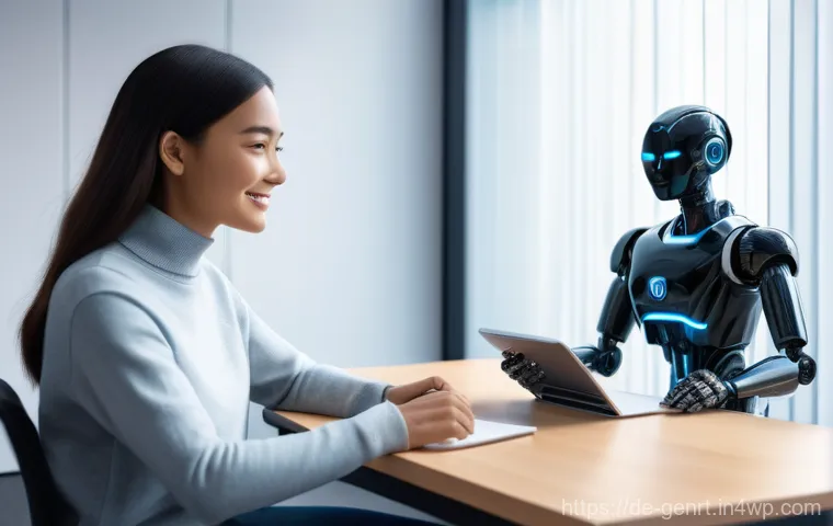 생성형 AI를 통한 고객 맞춤형 서비스 개발 - A professional and friendly AI chatbot, depicted as a semi-transparent, glowing humanoid figure with...