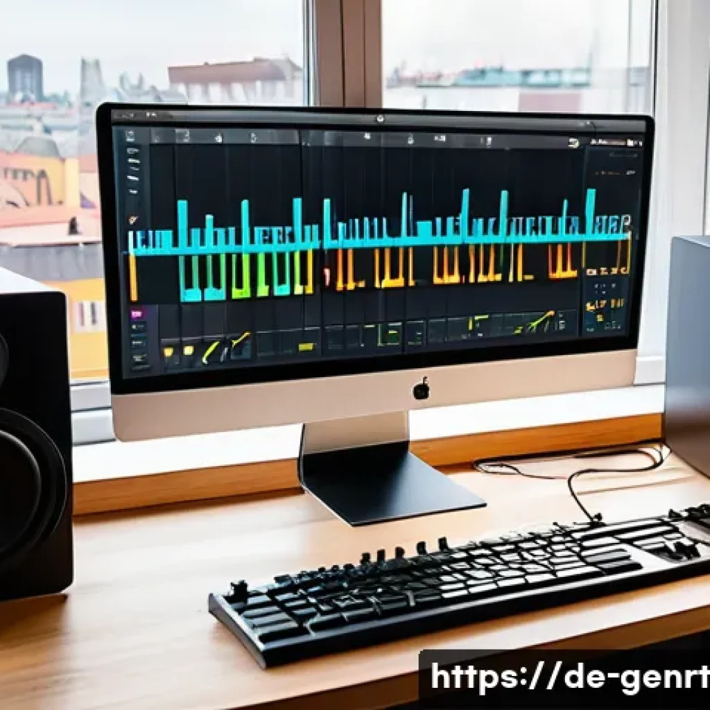 AI 기반 음악 생성 도구 사용법 - A cozy modern home studio setup in a bright German apartment, featuring a sleek computer screen disp...