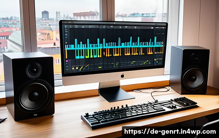 AI 기반 음악 생성 도구 사용법 - A cozy modern home studio setup in a bright German apartment, featuring a sleek computer screen disp...
