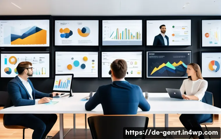 AI 기술로 창의적 마케팅 전략 수립하기 - A modern marketing office scene in Berlin with a diverse team of professionals using AI-powered anal...