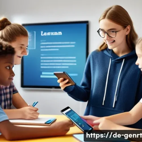 Home 32 AI를 통한 창의적 독서 자료 개발 - A modern digital classroom scene featuring diverse German students aged around 15-18 engaging with a...