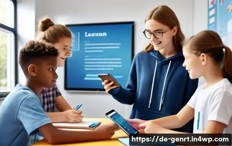 AI를 통한 창의적 독서 자료 개발 - A modern digital classroom scene featuring diverse German students aged around 15-18 engaging with a...