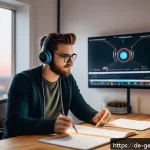 Home 18 생성형 AI로 만드는 독창적인 팟캐스트 - A modern podcast studio scene in a bright, professional home office setting, featuring a young Germa...