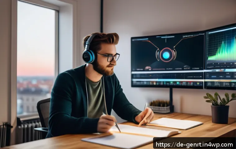 생성형 AI로 만드는 독창적인 팟캐스트 - A modern podcast studio scene in a bright, professional home office setting, featuring a young Germa...