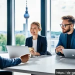 Home 23 생성형 AI를 활용한 효과적인 홍보 방법 - A modern marketing team in a bright, contemporary Berlin office brainstorming around a large digital...