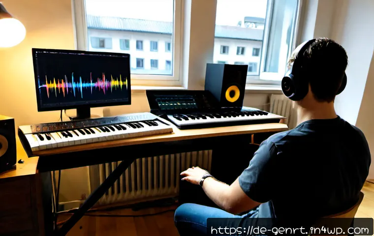 Home 17 생성형 AI로 만드는 독창적인 음원 - Photorealistic home music studio in Berlin, a German independent musician wearing headphones creatin...